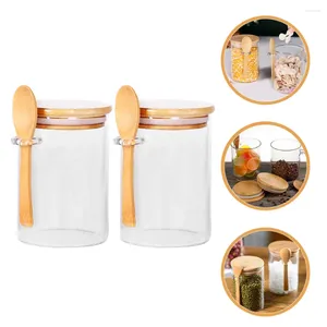 Bouteilles de rangement 2 pcs pot en verre contenants avec des couvercles de sucre en bambou vide farine de couverture et pots de bonbons pendant la nuit d'avoine