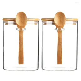 Bouteilles de stockage 2 pièces pot en verre cuillère sucre farine conteneur bonbons bambou couverture récipients alimentaires pots d'étanchéité multifonctionnels avec couvercles