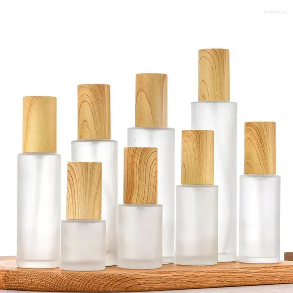 Bouteilles de stockage 20/30/50/80/100/120 ml en bois verre givré vaporisateur lotion pompe liquide pulvérisateur fine brume rechargeable bouchon en bois parfum