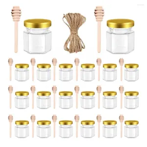 Bouteilles de stockage 20 paquets de mini pots de miel en verre hexagonaux avec couvercles en bois dorés pendentifs d'abeille Pack de Jutes-parfait pour la douche de bébé L0F7