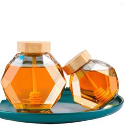 Botellas de almacenamiento 200/380 ml de jarra de miel de cocina puede botella de vidrio hexagonal con recipiente de barra de agitación de madera