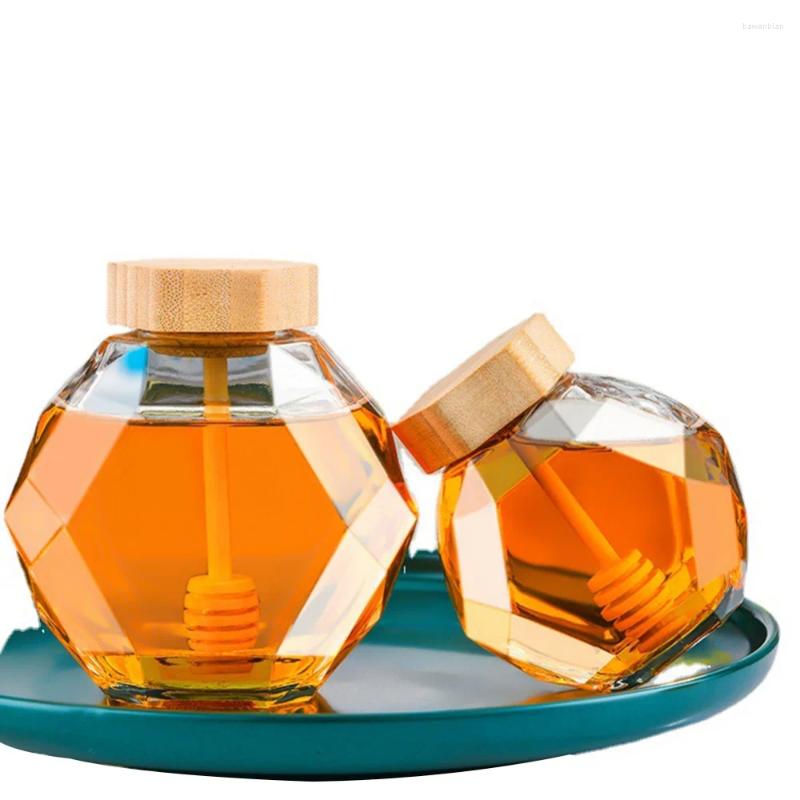 Opbergflessen 200/380 ml Keukenhoning Jar Can Hexagonal Glass Bottle met houten roerstangcontainer