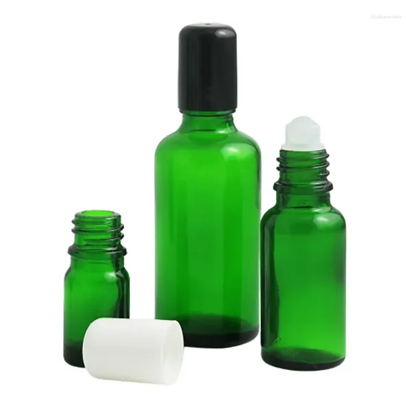 Bouteilles de rangement 200 x 5 ml 10ml 15 ml 20ml 30ml 50ml 100 ml Rouleau en verre vert sur récipients 1/6 oz 1 / 3oz 1/2 oz 1 oz à billes à rouleaux