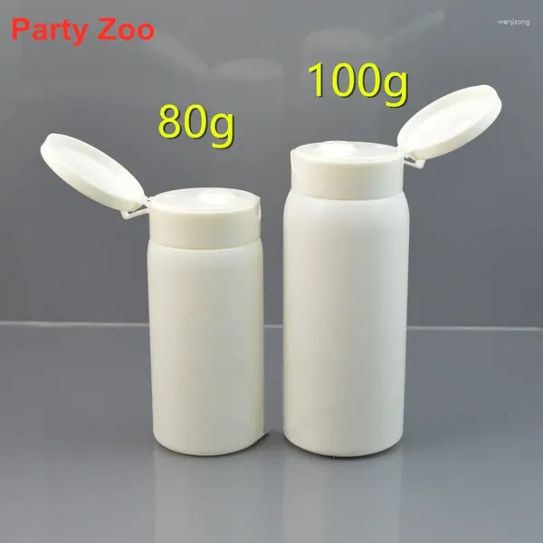 Botellas de almacenamiento 200 x 80ml/100ml Bottilla de polvo de PE de color blanco con tapa de volteo fácil Esencia de perla recargable vacío al por mayor