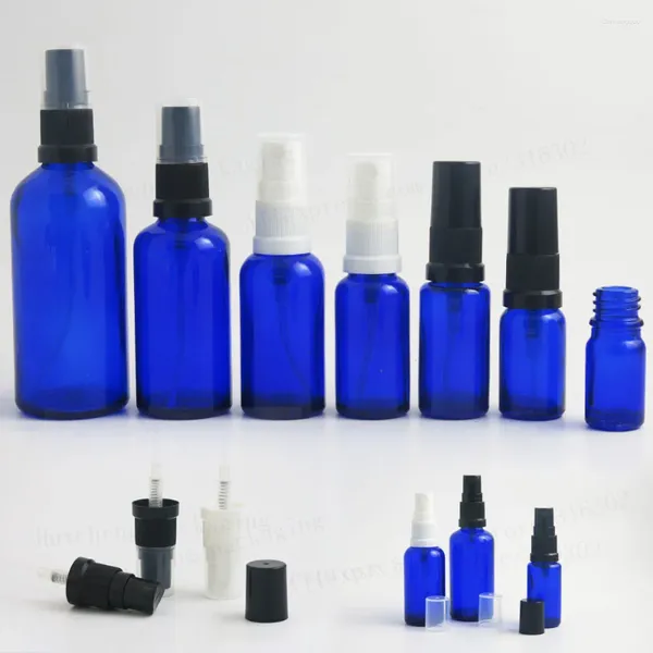 Botellas de almacenamiento 200 x recargables vacías 100ml50ml 30ml 20ml 15ml 10ml 5ml botella de aceite esencial de vidrio azul cobalto con rociador de niebla fina