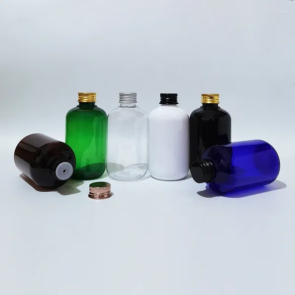 Botellas de almacenamiento 200 ml Botella de plástico PET vacía marrón negro con tapa de tornillo de aluminio Cosmético Líquido Jabón Contenedor Champú Aceite esencial
