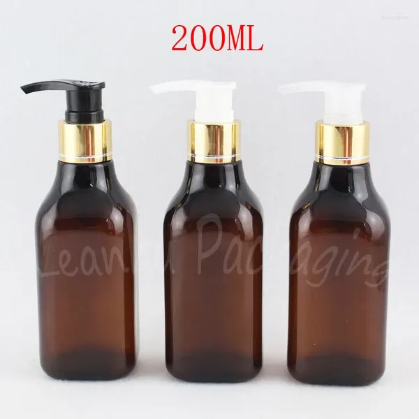 Bouteilles de rangement 200 ml bouteille en plastique carré marron avec pompe de lotion en or 200cc / shampooing emballage vide conteneur cosmétique vide