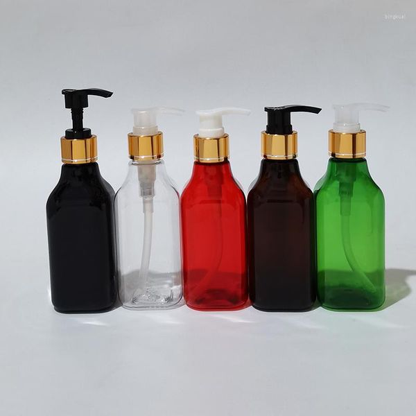 Bouteilles de stockage 200ML, collier en aluminium doré, pompe à Lotion, shampoing en plastique, conteneur de Gel douche, bouteille PET, capacité de 200cc