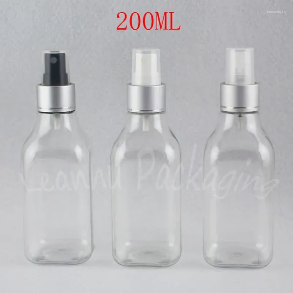 Bouteilles de rangement 200 ml bouteille en plastique carré transparent avec pompe à pulvérisation en argent 200cc de toner de contenant cosmétique / sous-bâton d'eau
