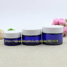 Bouteilles de rangement 20g 30g 50g Jar en verre bleu avec couvercle en plastique blanc crème pour les yeux peut masquer un récipient de lotion pour le visage en pot.