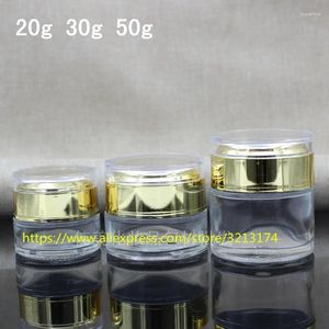 Botellas de almacenamiento 20G 30G 50G Jar de vidrio transparente con la tapa acrílica de oro brillante La crema cosmética de los ojos puede enmascarar el cuidado de la piel de la lata de la loción facial