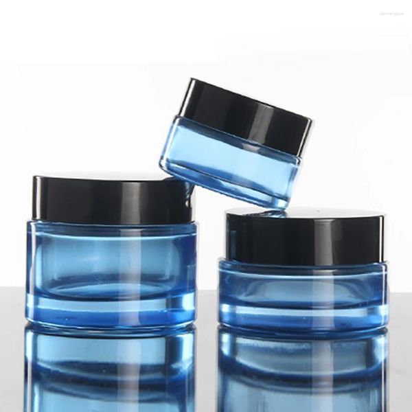 Bouteilles de rangement 20 g de luxe contenant cosmétique pot en verre bleu avec couvercle de couvercle en plastique noir pour