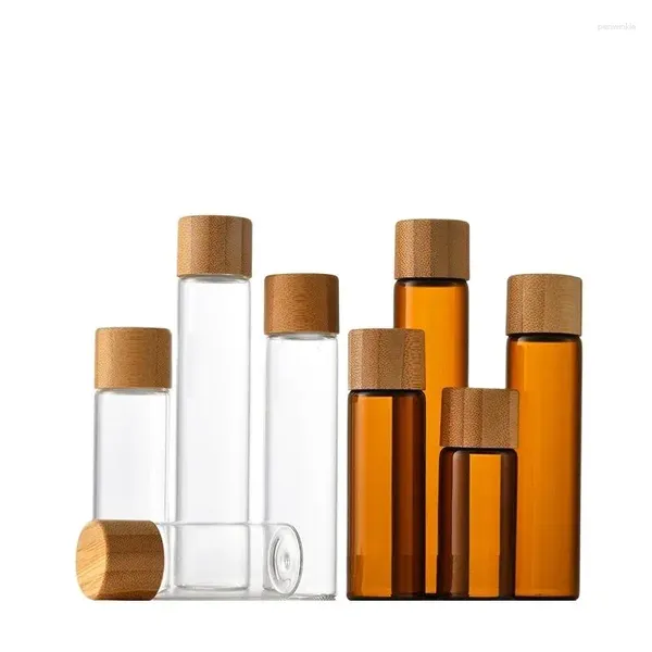 Botellas de almacenamiento 20ml30ml40ml50ml tubo de ensayo de botella de vidrio marrón transparente vacío con enchufe bambú de madera de madera empaquetable recargable