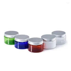 Bouteilles de stockage 20pcs 100g vide bleu blanc clair brun vert pots de crème pour le visage contenant pour animaux de compagnie bouteille de masque de poudre avec bouchon à vis en aluminium