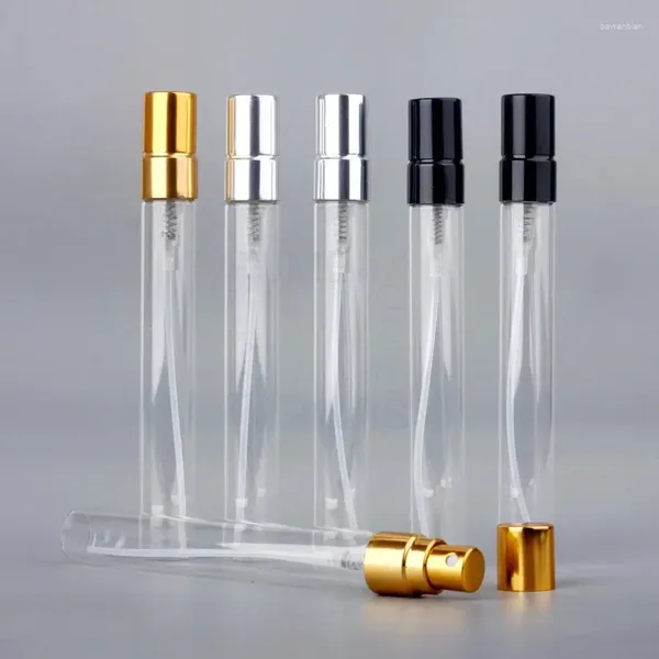 Botellas de almacenamiento 20 piezas 10 ml atomizador de vidrio recargable botella de perfume portátil anodizado boquilla de aluminio pulverizador tubular pequeña muestra