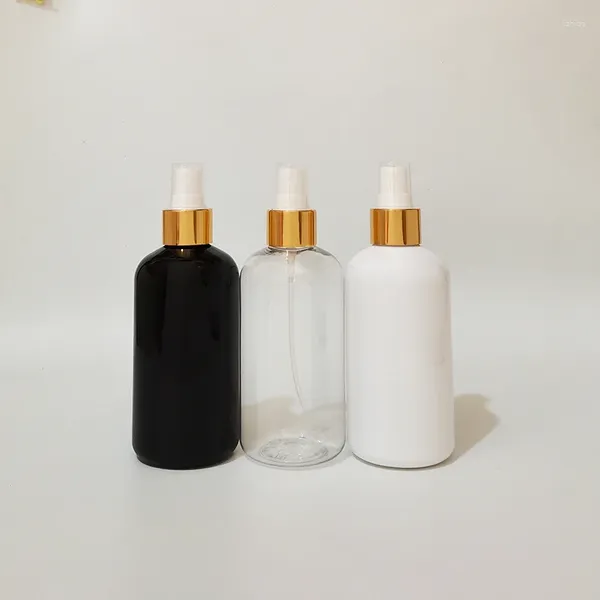 Botellas de almacenamiento 20 piezas 250 ml botella de spray para el cuidado de la piel líquida vacía con bomba de cuello de aluminio dorado recipiente de plástico blanco pulverizador de niebla fina