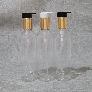 Opslagflessen 20 stks 250 ml ronde schouder plastic fles met gouden kraagpomp heldere cosmetische containerschroef dispenser douchegel