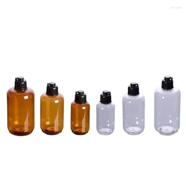 Bouteilles de stockage 20 pièces bouteille en plastique vide clair brun rond épaule conteneurs pour animaux de compagnie noir couvercle rabattable 100ML200ML300ML cosmétique essentiel