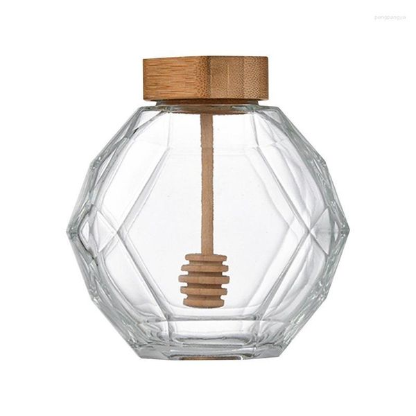 Botellas de almacenamiento de 220ML y 380ML, bote portátil de vidrio Hexagonal, botella de embalaje pequeña y grande para miel con cucharón transparente para interiores y exteriores