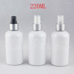 Bouteilles de rangement 220 ml Bouteille en plastique blanc avec pompe à pulvérisation en argent 220cc caissier vide à base de récipient / toner de toner (24 pc / lot)