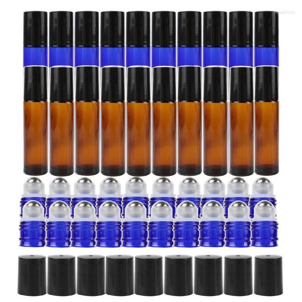 Bouteilles de stockage 24pc / pack 10ml bleu ambre épais verre rouleau sur bouteille voyage rechargeable rouleau conteneur avec acier inoxydable