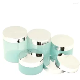 Bouteilles de stockage 24pcs 100g 120g 150g 200g 250g Pot de crème cosmétique vide Couvercle argenté brillant Conteneurs en plastique Pots bleu clair Large bouche