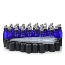 Bouteilles de stockage 24pcs 10ml rouleau de verre bleu sur bouteille en acier inoxydable boule à bille pour huiles essentielles parfum