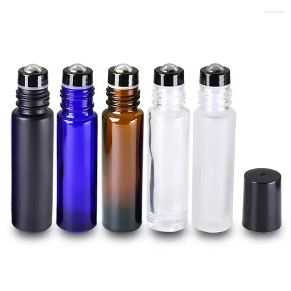 Bouteilles de stockage 24 pcs/lot 10 ml clair ambre bleu noir verre givré huile essentielle rouleau sur bouteille avec boule à roulettes en métal en acier inoxydable