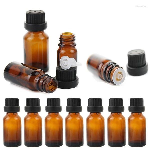 Bouteilles de rangement 24pcs / lot 15 ml de verre d'huile essentielle d'ambre d'épaisseur avec capot rempli de capuchon noir pour pipette de massage