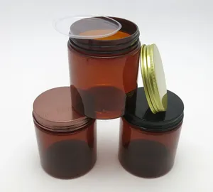 Bouteilles de rangement 24pcs / lot 250g Amber Pet Cosmetic Jars Makeup Container Jar Metal Lid Face Crème Crème Pot Big Taille