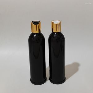 Opslagflessen 250 ml Zwart lege plastic fles met gouden zilveren aluminium schijf Top dop Oil shampoo cosmetische verpakking douchegel