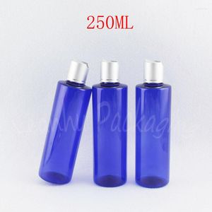 Opslagflessen 250 ml blauwe plastic fles met zilveren schijf bovenste dop 250cc lege cosmetische container shampoo / lotion verpakking