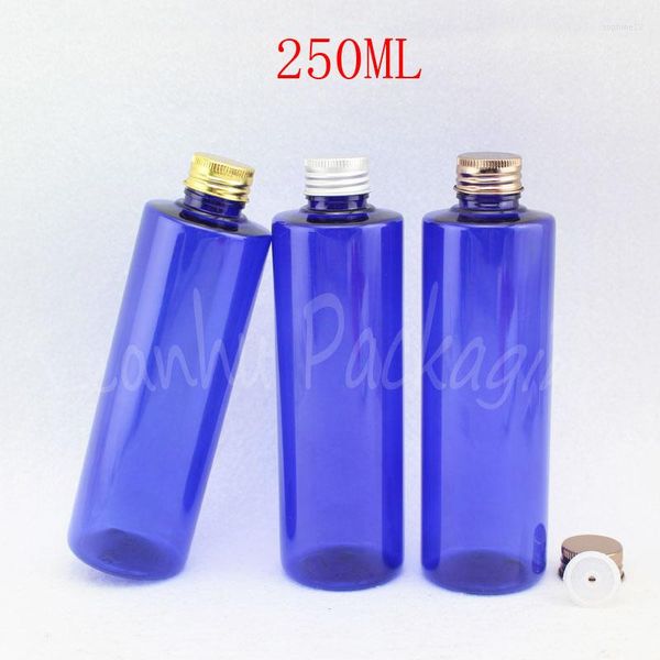 Bouteilles de stockage 250ML Bouteille en plastique bleu Bouchon à vis en aluminium 250CC Shampooing / Gel douche Sous-embouteillage Récipient cosmétique vide (25 PC / Lot)