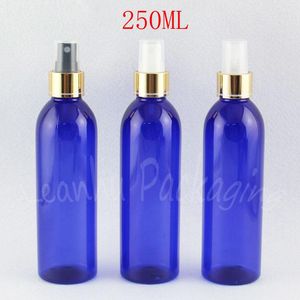 Opslag Flessen 250ML Blauwe Ronde Schouder Plastic Fles Met Goud Spray Pomp 250CC Lege Cosmetische Container Toner/ water Verpakking