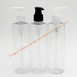 Botellas de almacenamiento Botella de PET transparente de 250 ml con bomba de boca larga de plástico blanco / negro / transparente. Loción / Lavado a mano / Champú / Hidratante / Agua facial