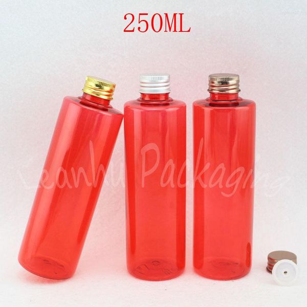 Bouteilles de stockage 250ML bouteille en plastique rouge couvercle en aluminium 250CC Lotion/eau shampooing emballage vide cosmétique conteneur