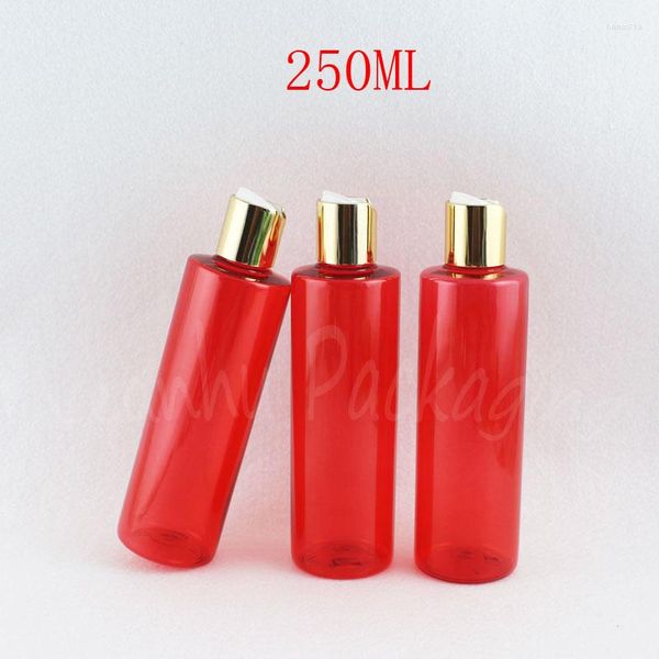 Bouteilles de stockage 250ML bouteille en plastique rouge avec disque d'or capuchon supérieur 250CC shampooing/lotion emballage vide cosmétique conteneur