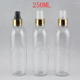 Botellas de almacenamiento Botella de plástico transparente de 250 ml con bomba de pulverización de oro 250cc Tóner / envasado de agua Recipiente cosmético vacío