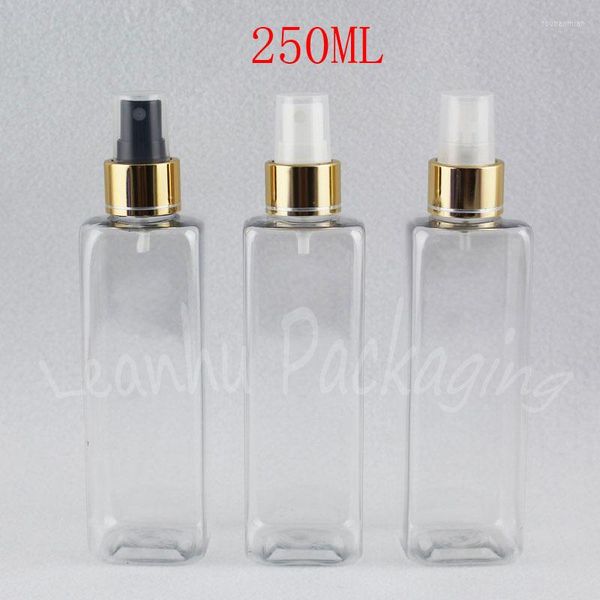 Bouteilles de stockage Bouteille en plastique carrée transparente de 250ML avec pompe de pulvérisation dorée, sous-bouteille de maquillage de 250cc, emballage de Toner/eau