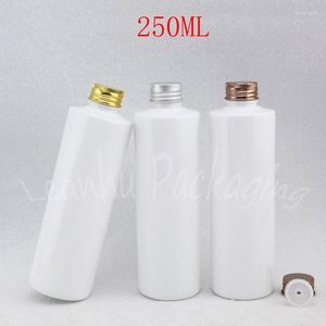 Bouteilles de stockage 250ML blanc plat épaule bouteille en plastique bouchon en aluminium 250CC shampooing/lotion emballage vide cosmétique conteneur