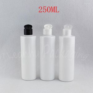 Bouteilles de stockage 250ML Bouteille en plastique blanc avec capuchon rabattable 250CC Maquillage Sous-embouteillage Shampooing / Gel douche Emballage (25 PC / Lot)
