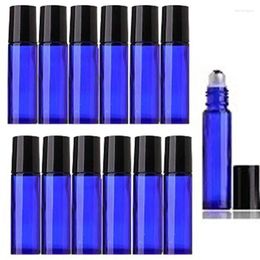 Botellas de almacenamiento 250 unids vidrio azul cobalto 10 ml botella de aceite esencial viales de bola con perfume de acero inoxidable masaje contenedor cosmético