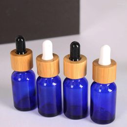 Bouteilles de stockage 25 pièces 15 ml flacon compte-gouttes vide verre bleu flacon d'huile essentielle liquide bambou goutte Massage Pipette rechargeable