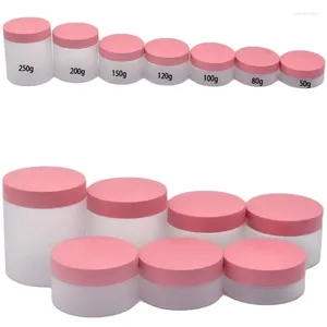 Bouteilles de rangement 25pcs / lot vide 50-250g pour animaux de compagnie Eye / visage crème pot plastique lotion lotion masque facial contenant de bouteille cosmétique couvercle rose mat