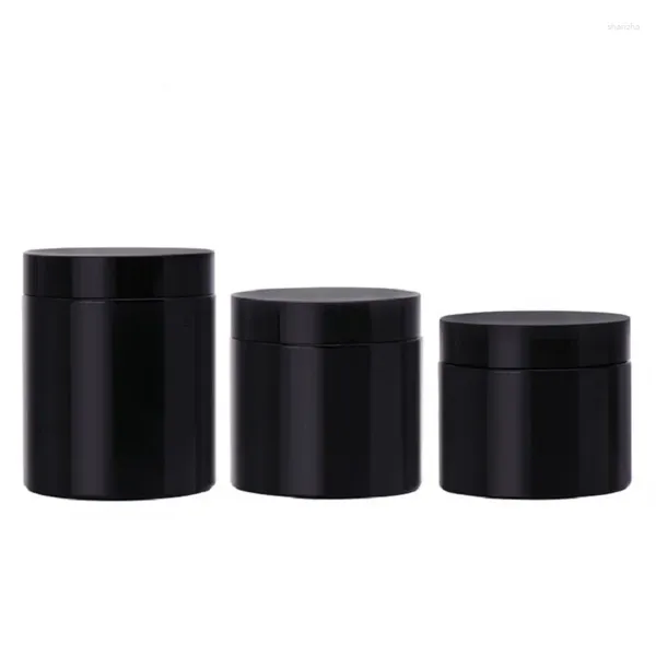 Botellas de almacenamiento 25 piezas Jares de plástico Pot negro cosmético 3oz250ml 200ml 150ml 100ml recipientes de crema de envasado de cera para el cabello vacío con tapas