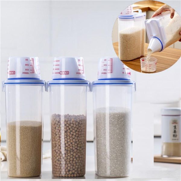 Bouteilles de stockage 2 kg réservoir en plastique alimentaire avec tasse à mesurer récipients scellés étanches à l'humidité distributeur de riz cuisine