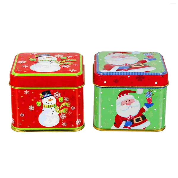 Bouteilles de rangement 2 pièces en fer blanc de noël, vide, carré, biscuits de vacances, boîtes à bonbons de noël, conteneur cadeau avec bonhomme de neige