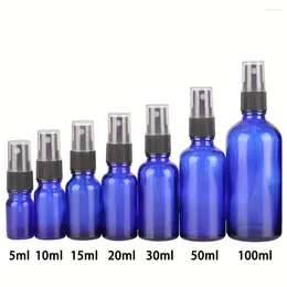 Botellas de almacenamiento 3 piezas/lote 5 ml/10ml/15ml/20ml/30ml/50ml/100ml botella de spray de vidrio azul con rociador de niebla para aceite esencial recargable