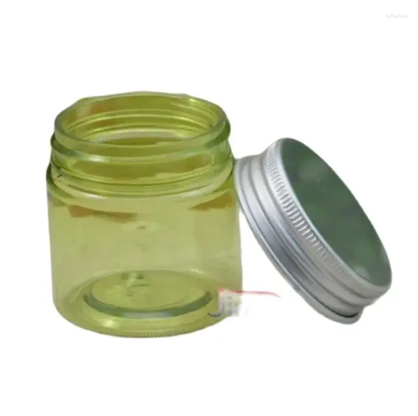 Bouteilles de rangement 30 grammes brun / vert / transparent / vert clair et vert animal de compagnie en plastique avec un contenant de soins personnels cosmétiques en aluminium argenté