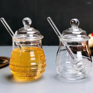 Opslagflessen 300 ml Glas Honing Jar Hoge borosilicaatkeukenpot met dipper en dekselcontainer voor siroop